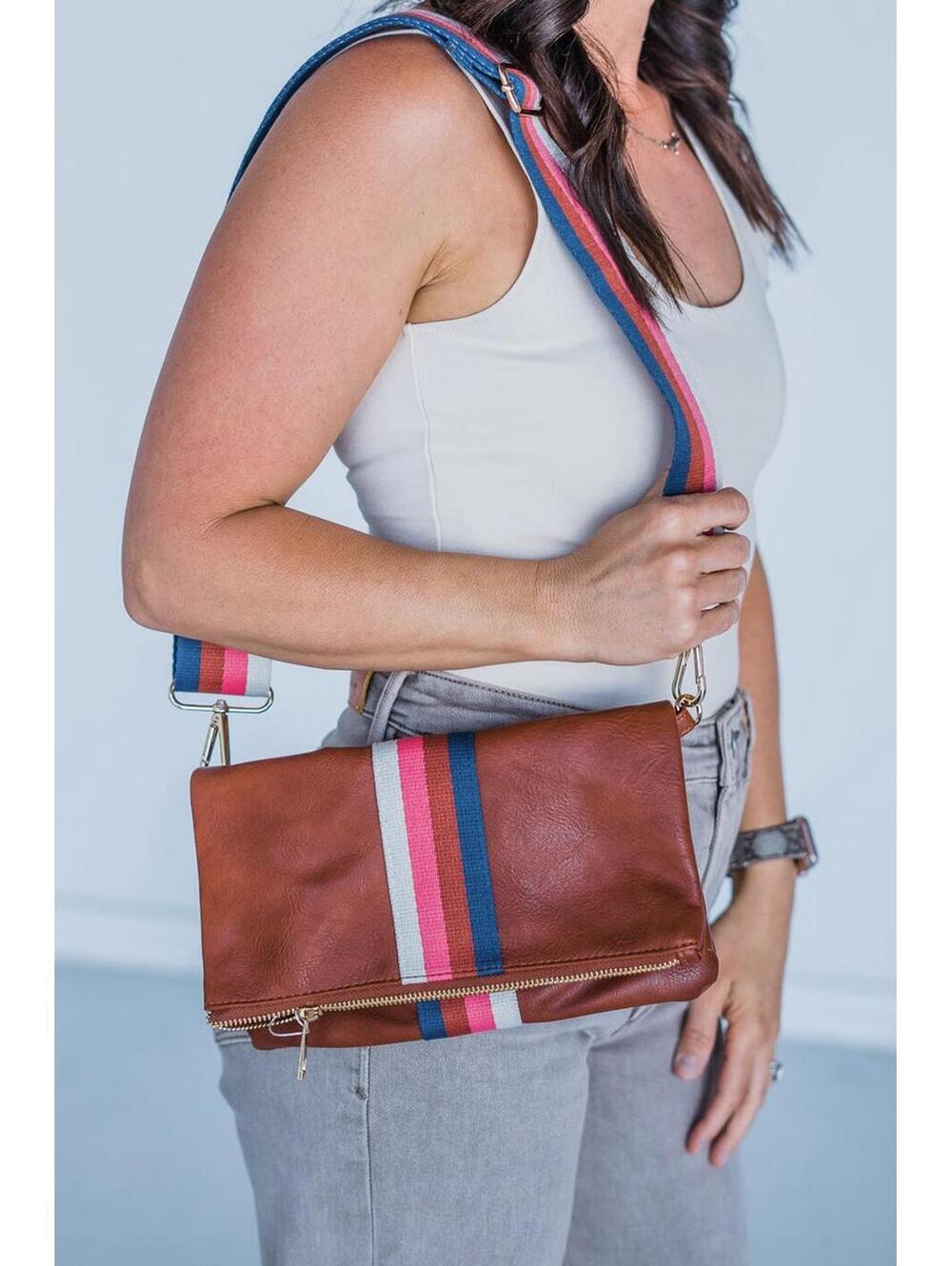 Aspen Lane, Cognac + Multi Stripe Vegan Crossbody, Belt Bag + Clutch